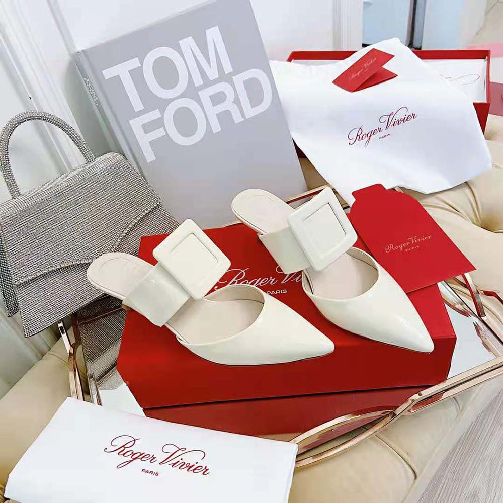 Top-down angle showing sleek high heel of Roger Vivier Patent Leather Mules