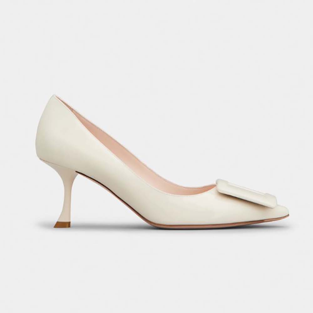 Side profile of Roger Vivier Women Viv’ In The City Pumps in white patent leather