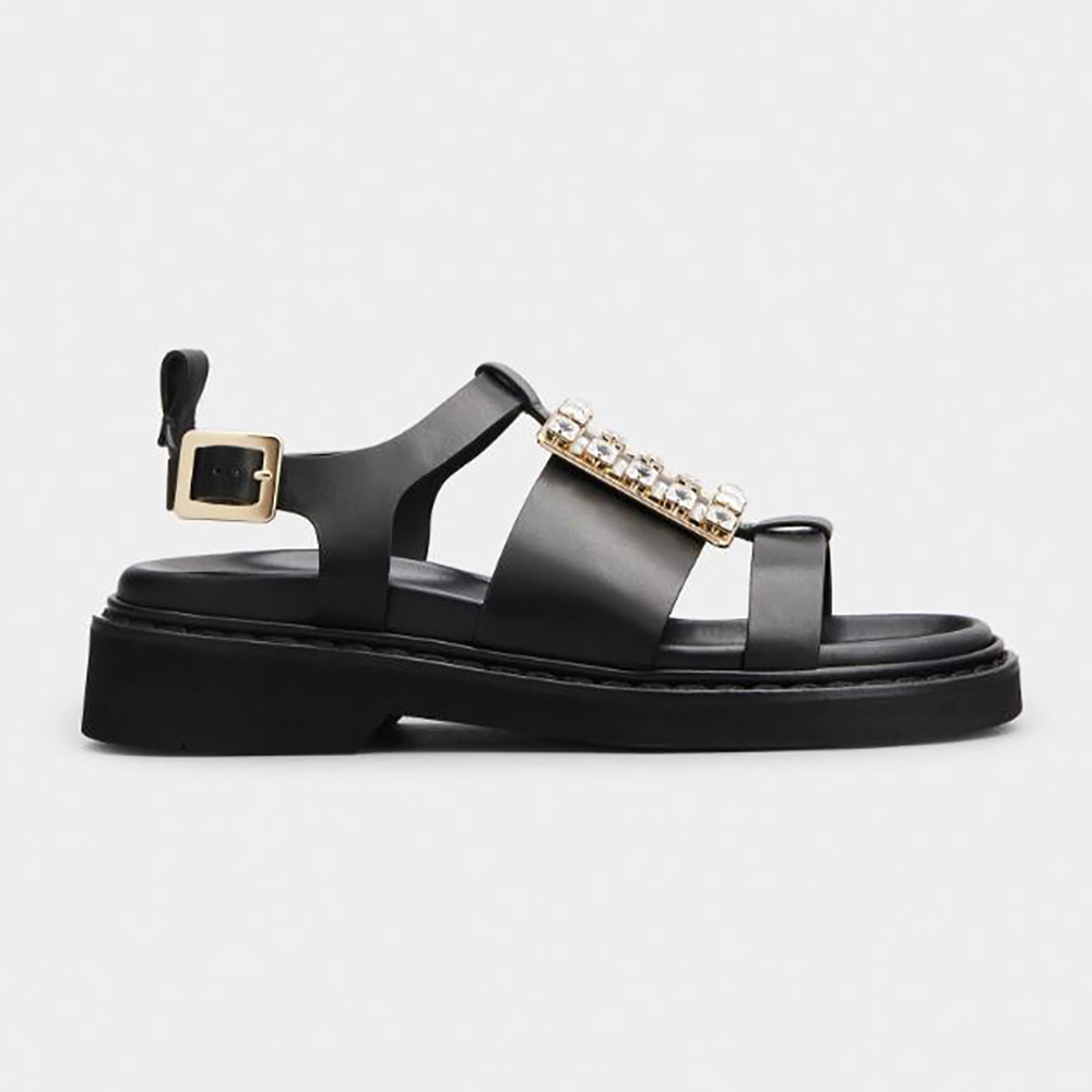 Front view of Roger Vivier Women Viv’ Rangers Strass Buckle Sandals in Leather-Black