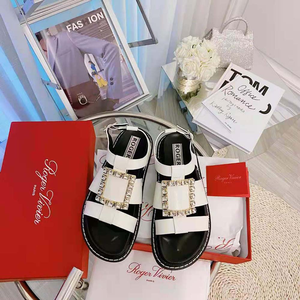 Roger Vivier Women Viv’ Rangers Strass Buckle Sandals in Leather-White - image 5