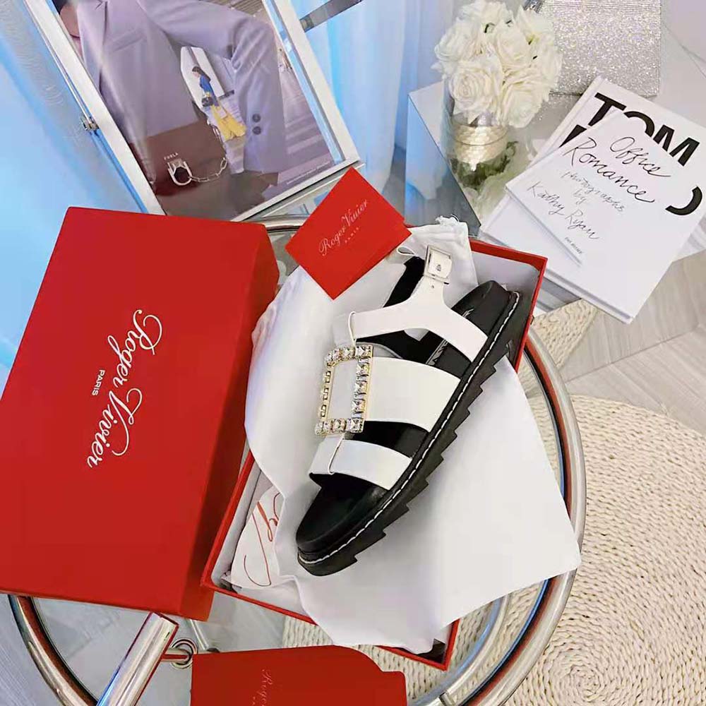 Roger Vivier Women Viv’ Rangers Strass Buckle Sandals in Leather-White - image 8