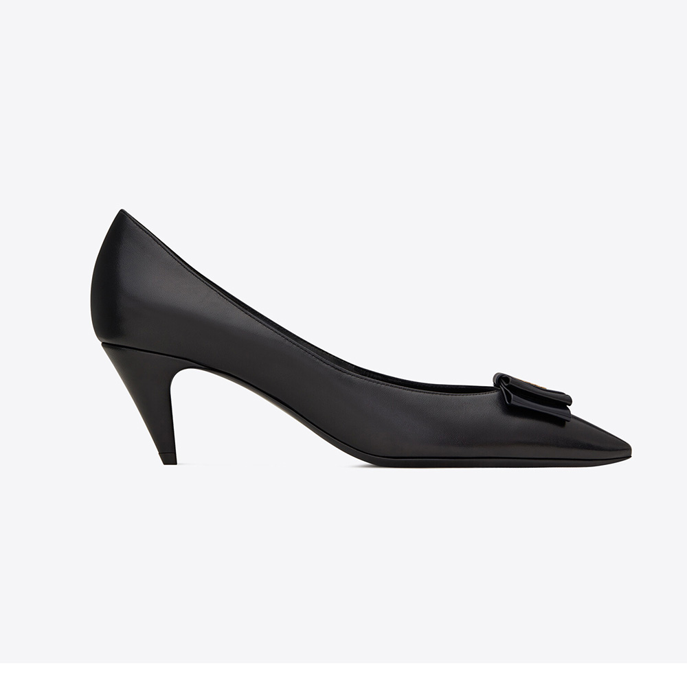 Front angle of Saint Laurent YSL Women Anais Bow Pumps in black leather