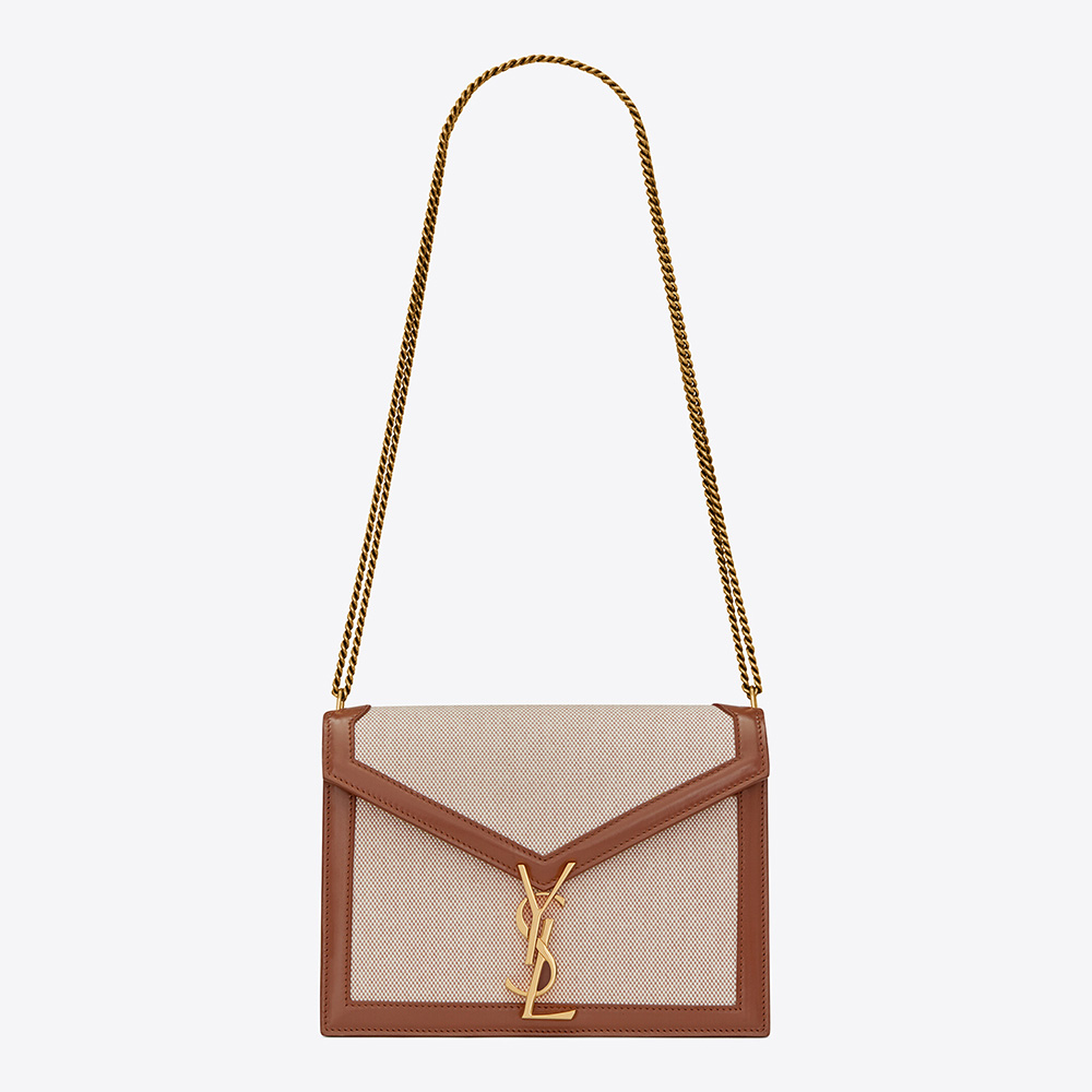 Front view of Saint Laurent YSL Women Cassandra Monogram Clasp Bag in brown canvas