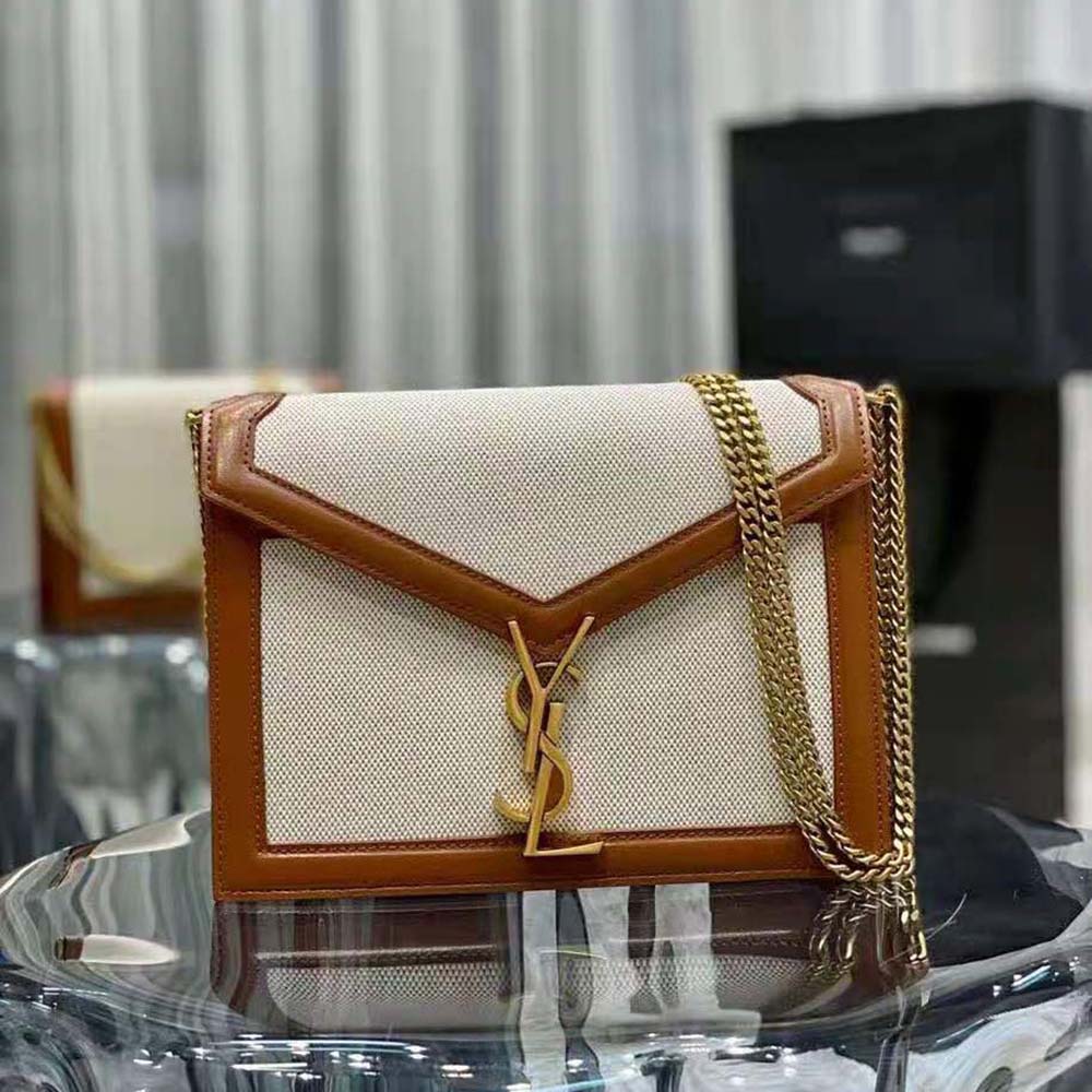 Close-up of gold YSL monogram clasp on Cassandra Monogram Clasp Bag