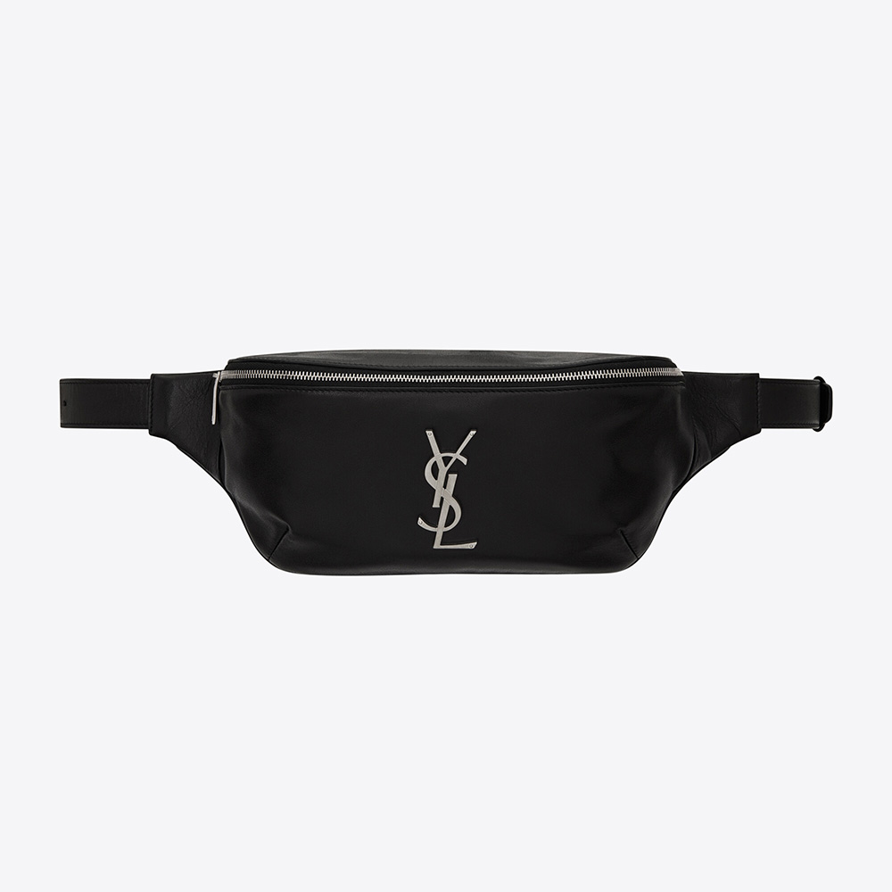 Front view of Saint Laurent YSL Women Classic Monogram Belt Bag in black lambskin