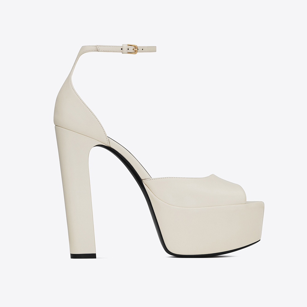 Front angle of Saint Laurent YSL Women Jodie Platform Sandals in smooth white leather