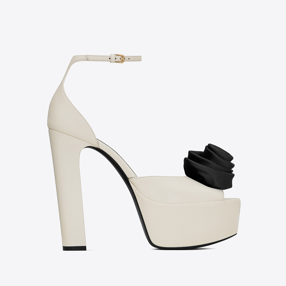Front angle of Saint Laurent YSL Women Jodie Platform Sandals in white leather
