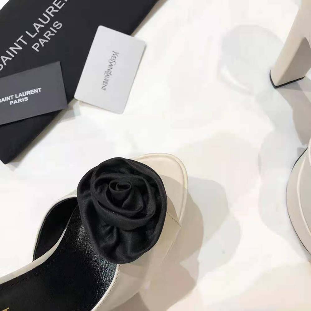 Saint Laurent YSL Women Jodie Platform Sandals in Smooth Leather with Silk Satin Flower-White - image 10