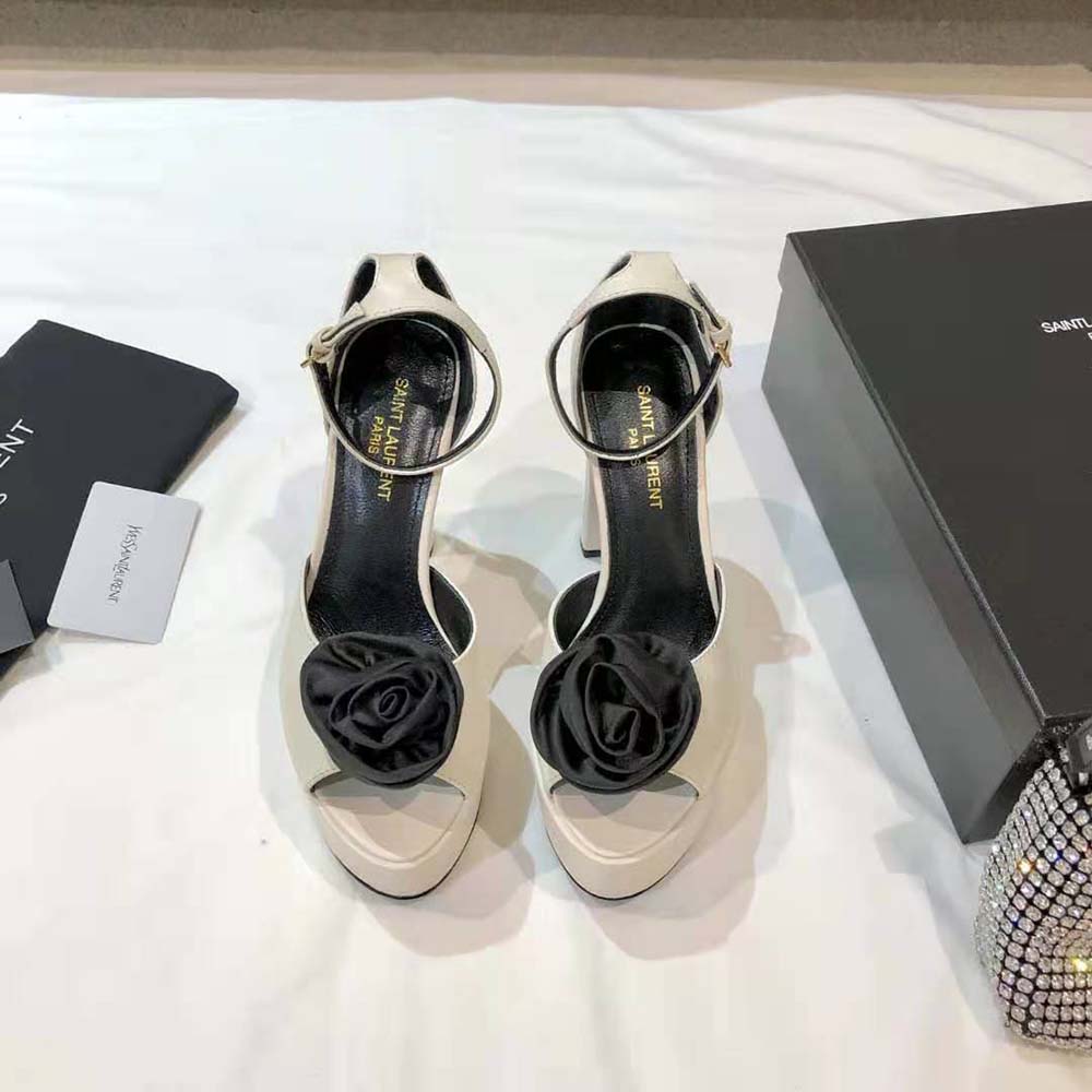 Close-up of silk satin flower detail on Saint Laurent YSL Jodie Platform Sandals