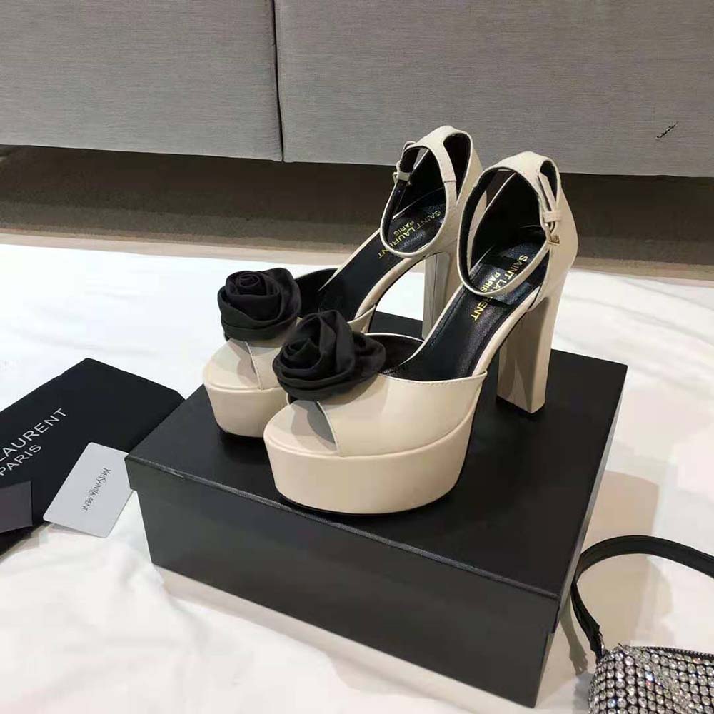 Saint Laurent YSL Women Jodie Platform Sandals in Smooth Leather with Silk Satin Flower-White - image 4