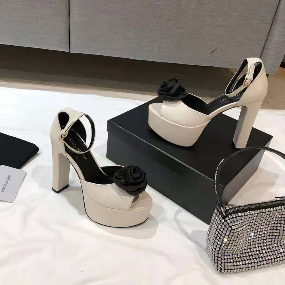 Saint Laurent YSL Women Jodie Platform Sandals in Smooth Leather with Silk Satin Flower-White - image 5