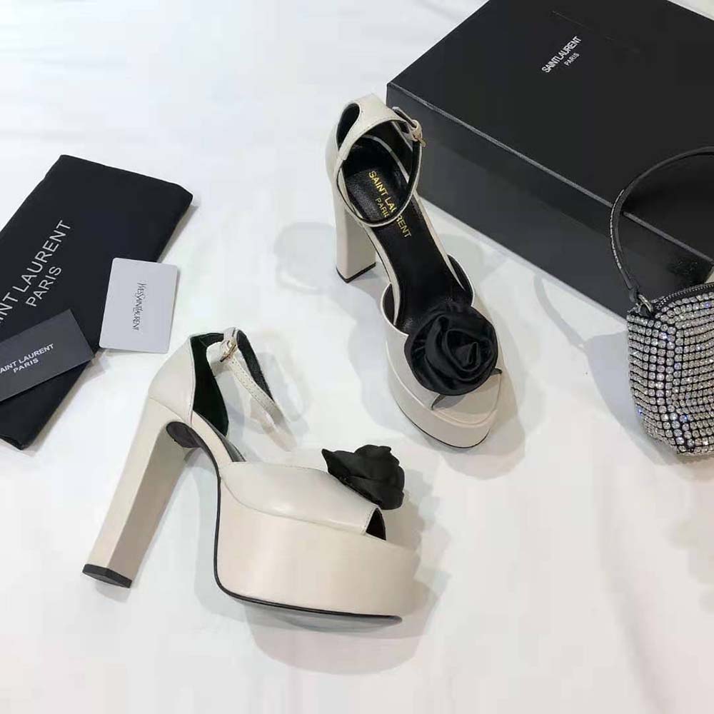 Saint Laurent YSL Women Jodie Platform Sandals in Smooth Leather with Silk Satin Flower-White - image 6