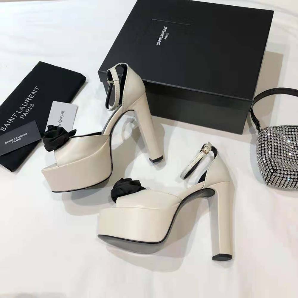 Saint Laurent YSL Women Jodie Platform Sandals in Smooth Leather with Silk Satin Flower-White - image 7