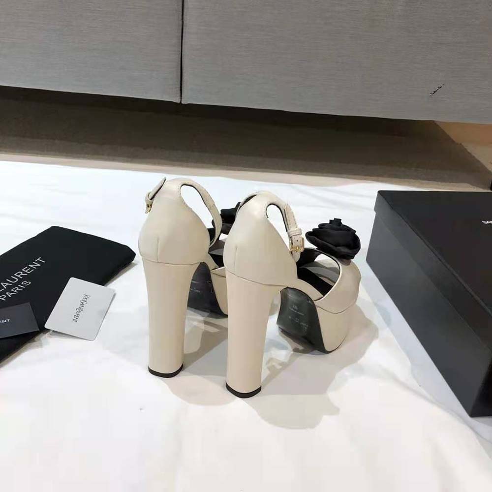 Saint Laurent YSL Women Jodie Platform Sandals in Smooth Leather with Silk Satin Flower-White - image 9