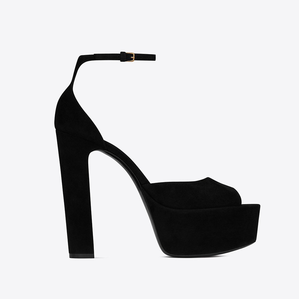 Side profile of Saint Laurent YSL Women Jodie Platform Sandals in Suede-Black
