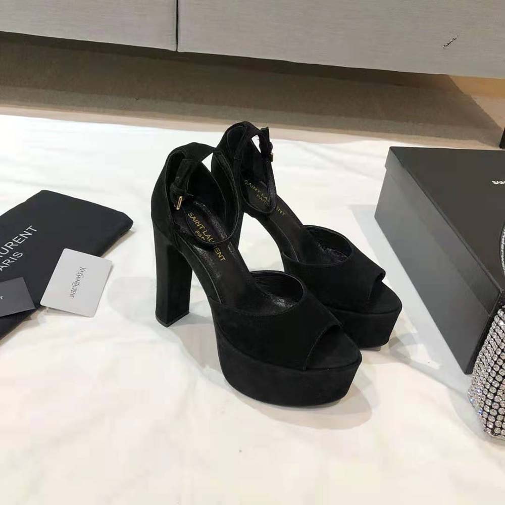 Top-down view highlighting suede texture on Saint Laurent YSL Jodie Sandals