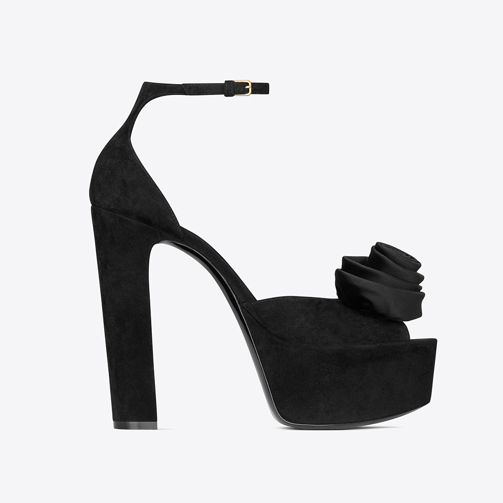 Side profile of Saint Laurent YSL Women Jodie Platform Sandals in black suede