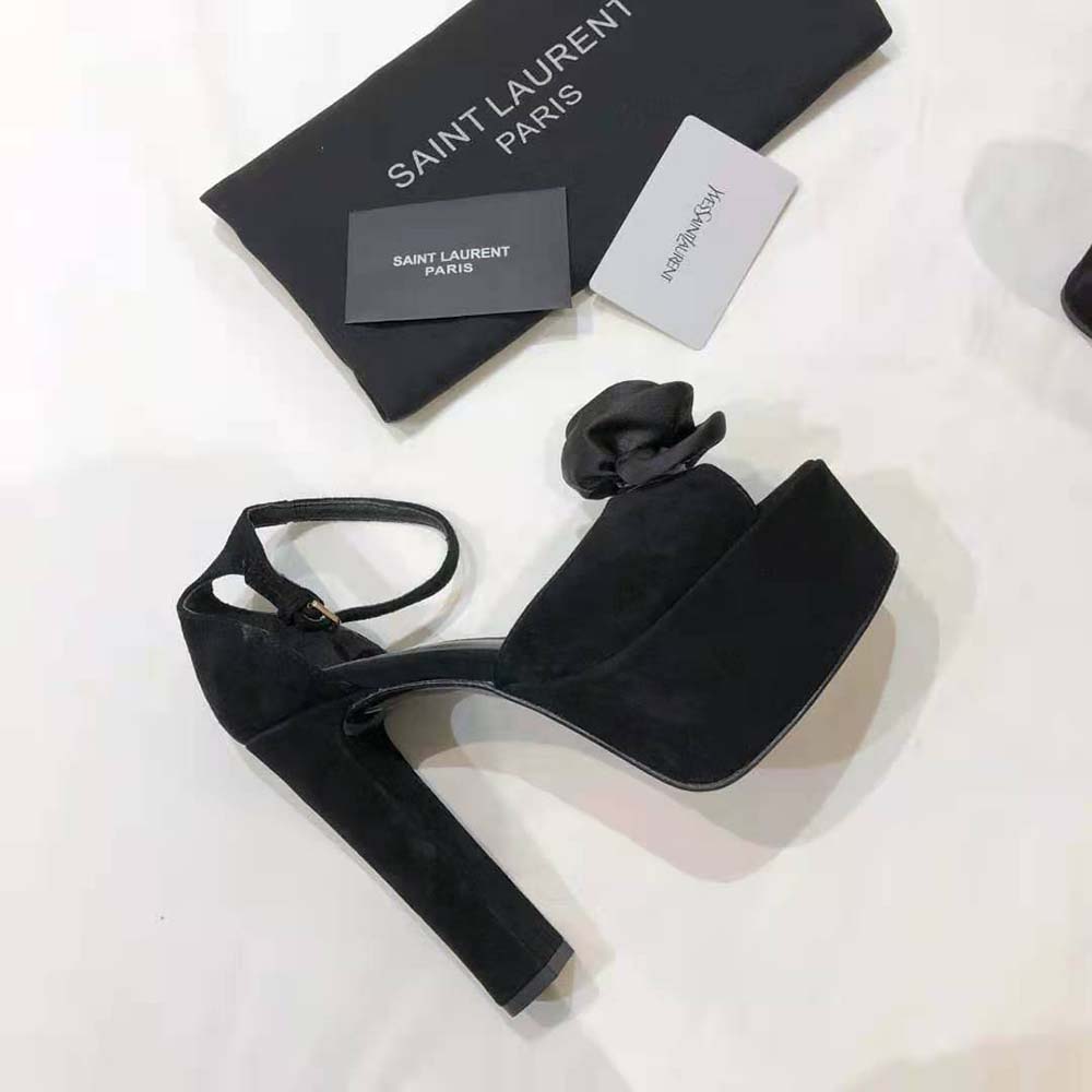 Saint Laurent YSL Women Jodie Platform Sandals in Suede with Silk Satin Flower-Black - image 9
