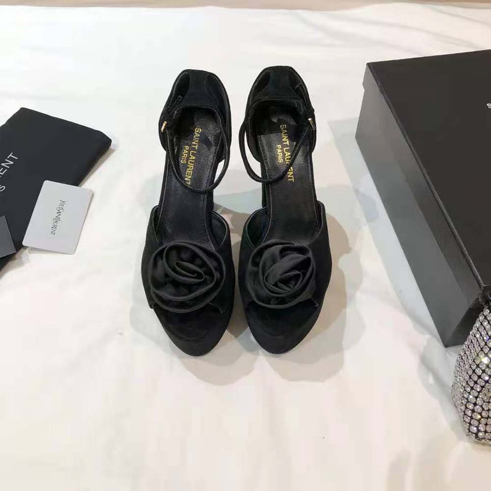 Close-up of silk satin flower detail on Saint Laurent YSL Women Jodie Platform Sandals