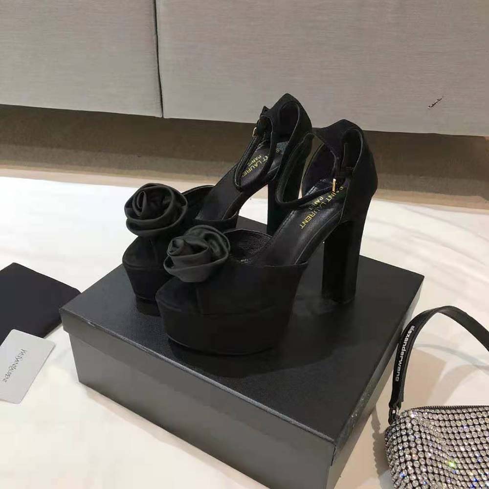 Saint Laurent YSL Women Jodie Platform Sandals in Suede with Silk Satin Flower-Black - image 6