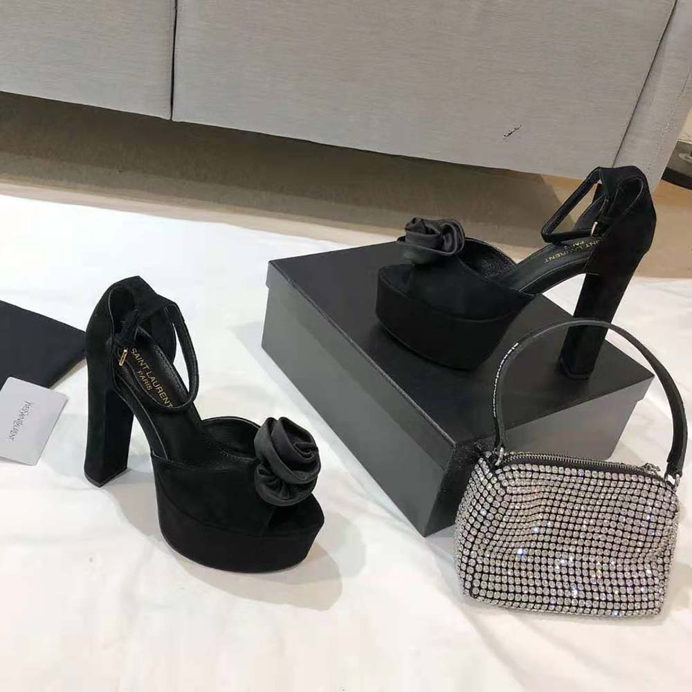 Saint Laurent YSL Women Jodie Platform Sandals in Suede with Silk Satin Flower-Black - image 5