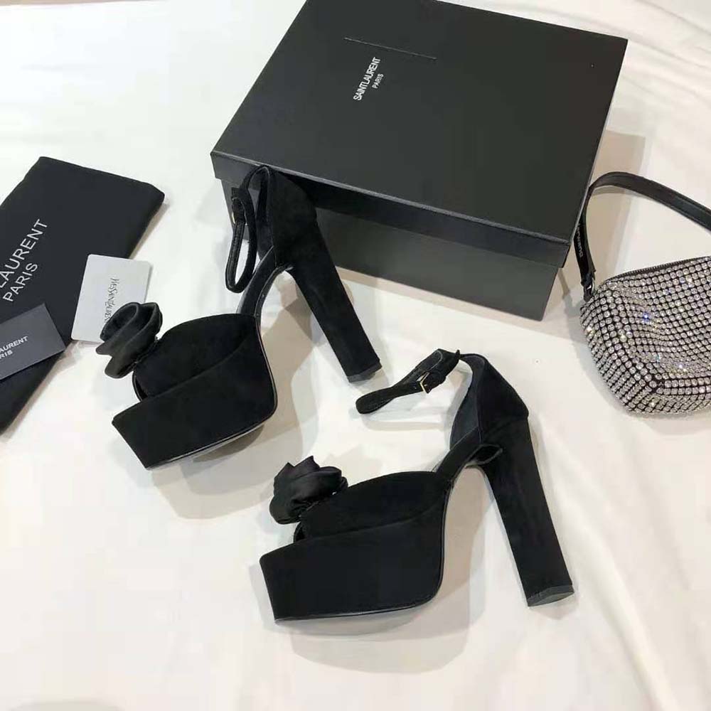 Saint Laurent YSL Women Jodie Platform Sandals in Suede with Silk Satin Flower-Black - image 7
