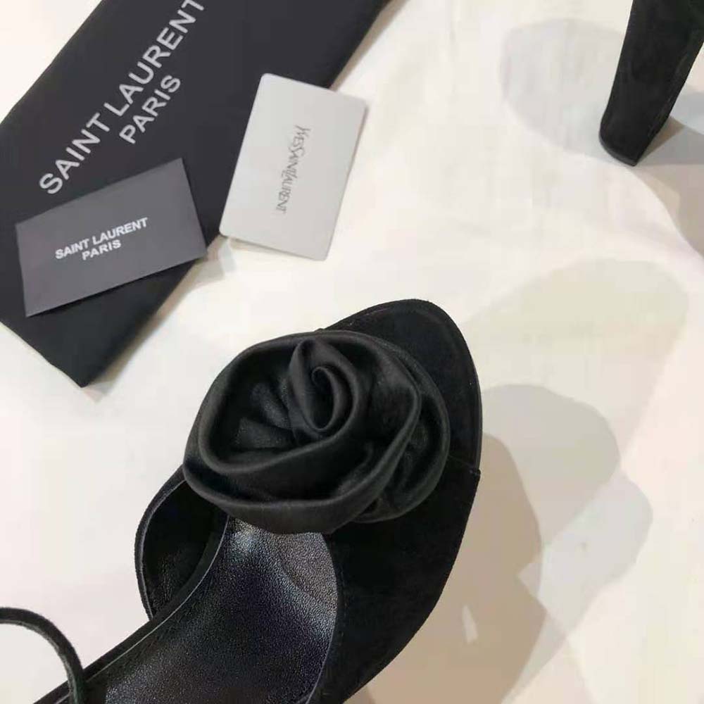 Saint Laurent YSL Women Jodie Platform Sandals in Suede with Silk Satin Flower-Black - image 10