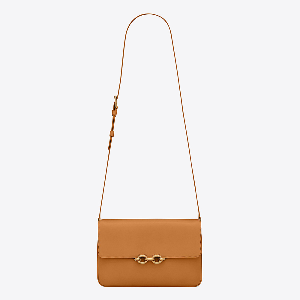 Front angle of Saint Laurent YSL Women Le Maillon Satchel in smooth brown leather