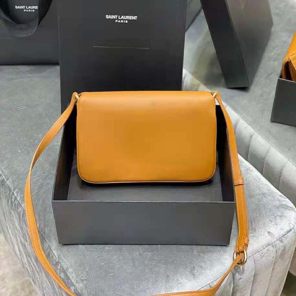 Side profile showing flap closure of Saint Laurent YSL Women Le Maillon Satchel brown