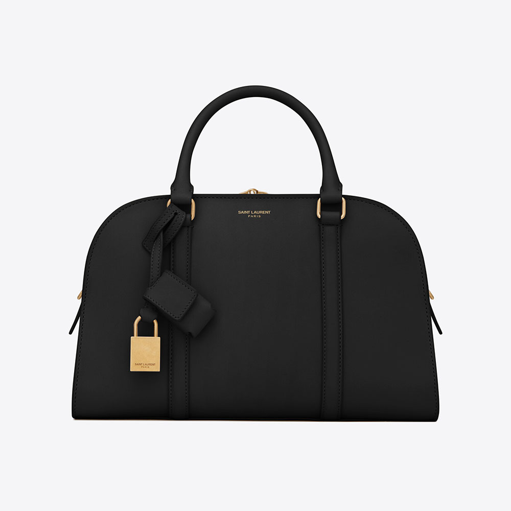Front view of Saint Laurent YSL Women Lock Baby Duffle in Black smooth leather