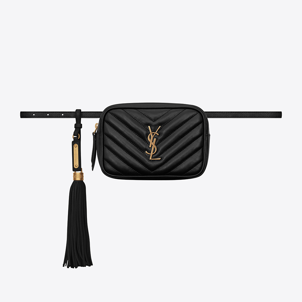 Front view of Saint Laurent YSL Women Lou Belt Bag in black matelasse leather