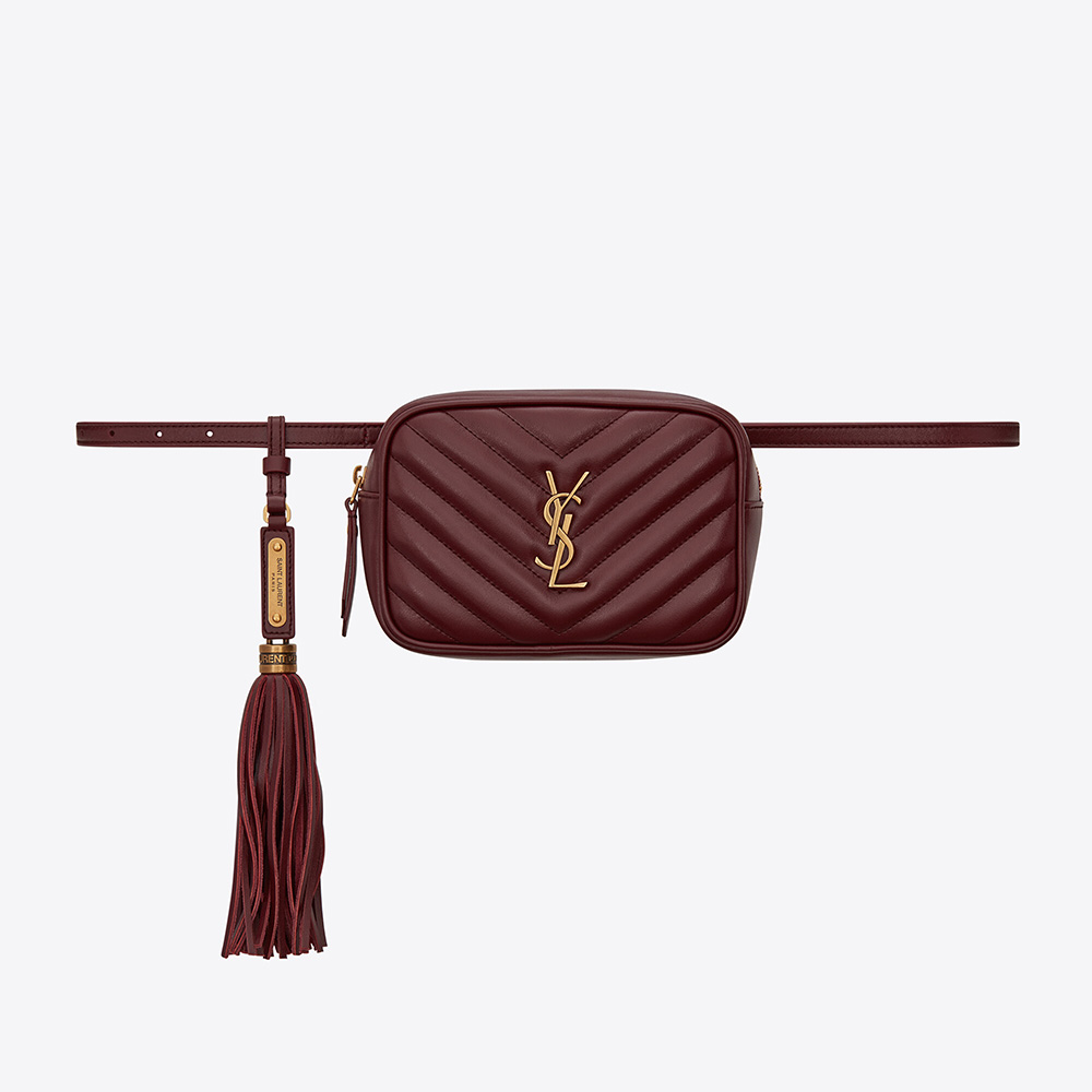 Front view of Saint Laurent YSL Women Lou Belt Bag in maroon leather
