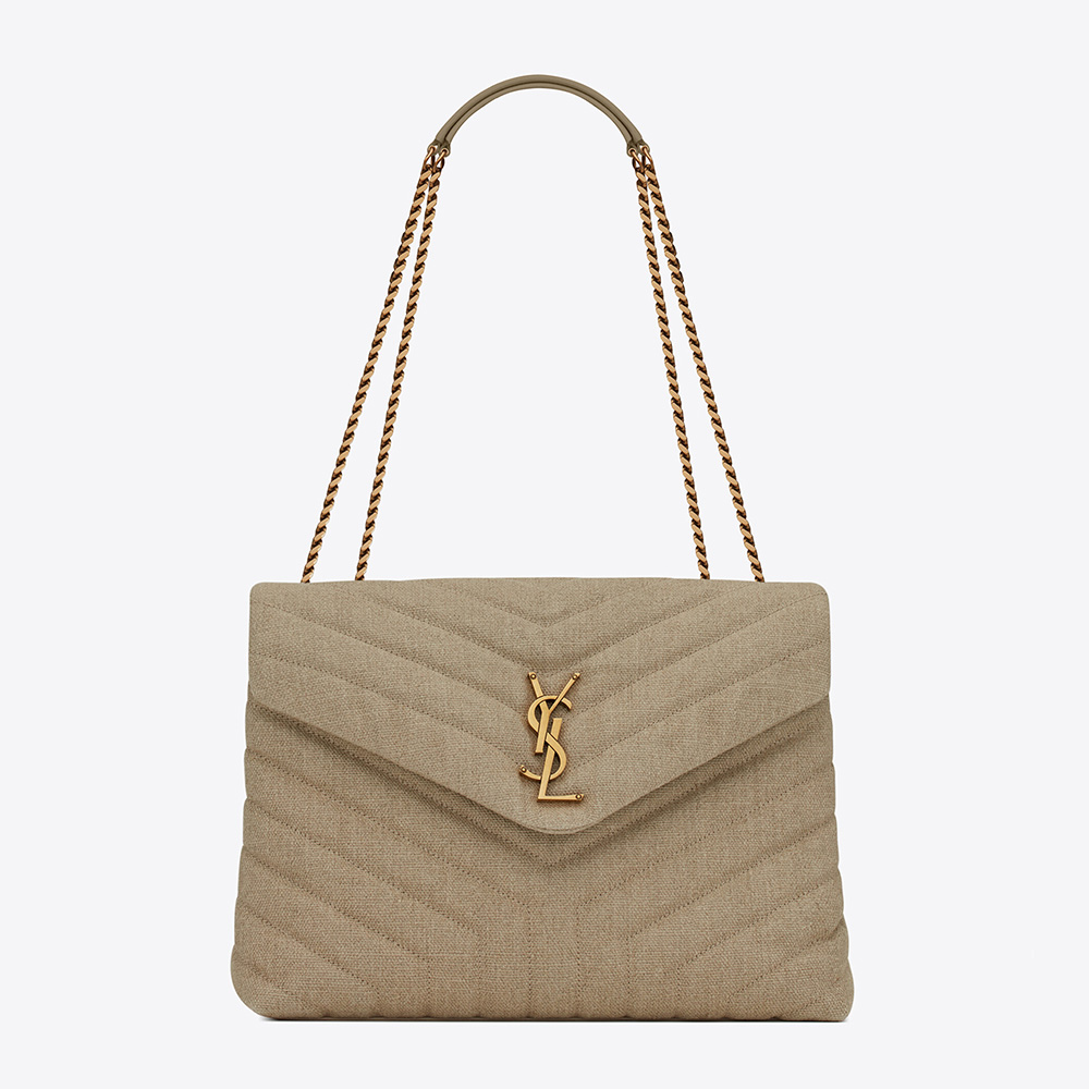 Front view of Saint Laurent YSL Women Loulou Medium in “Y” Quilted Linen grey