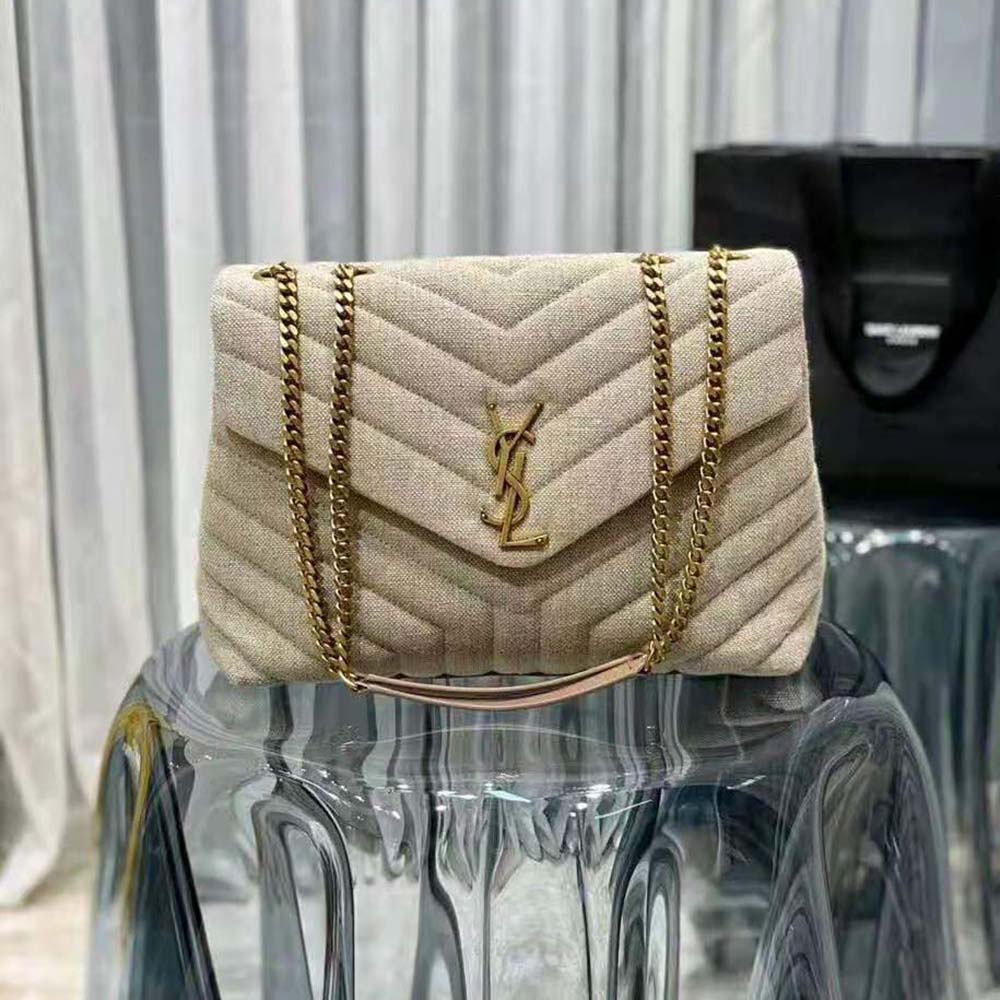 Close-up of silver Y hardware on Saint Laurent YSL Loulou Medium bag