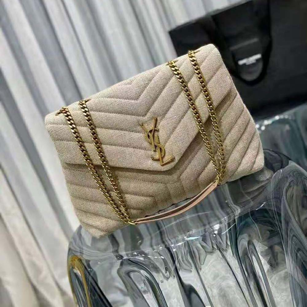 Side angle showing quilted linen texture on Saint Laurent YSL Loulou Medium