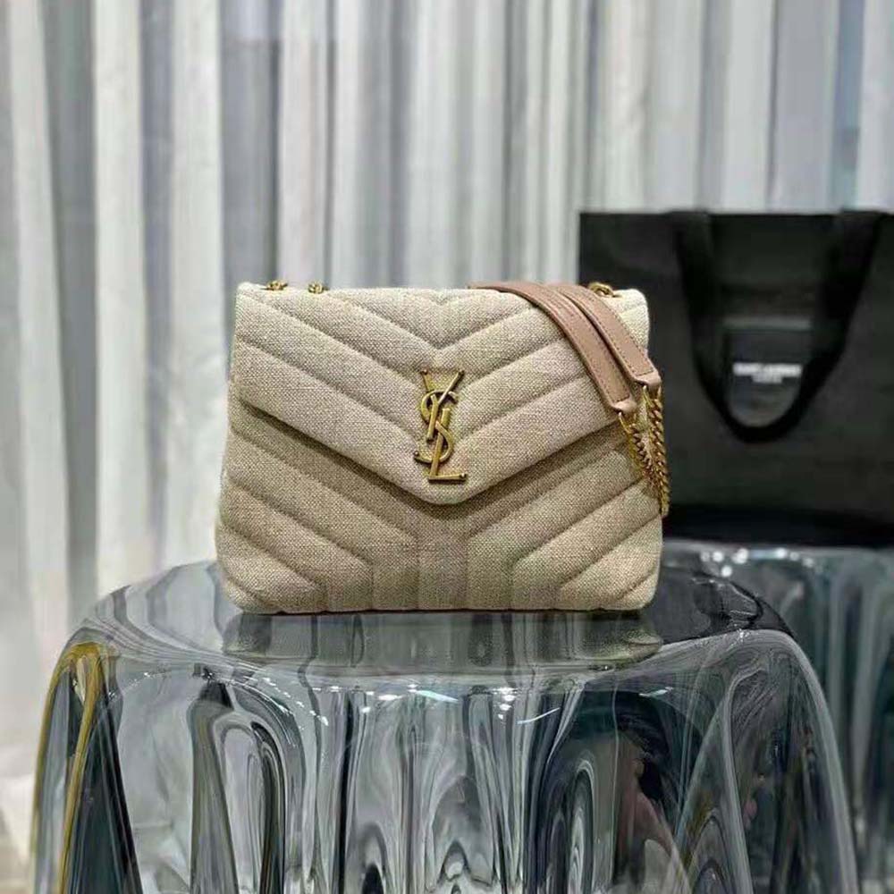 Close-up of antique gold Y hardware on Saint Laurent YSL Loulou Small