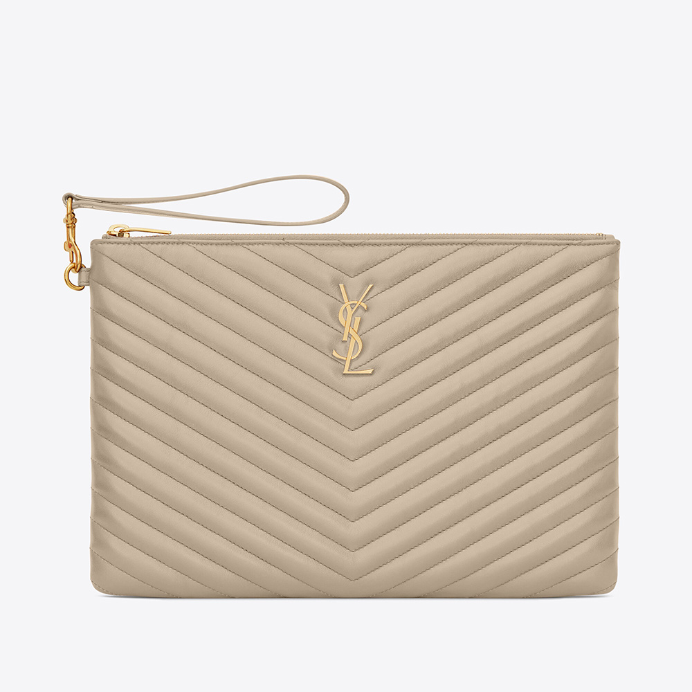 Front view of Saint Laurent YSL Women Monogram Tablet Pouch in beige quilted leather