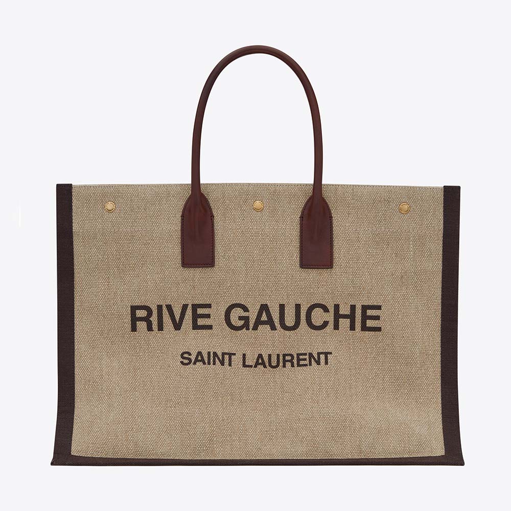 Front angle of Saint Laurent YSL Women Rive Gauche Tote Bag in gray linen leather