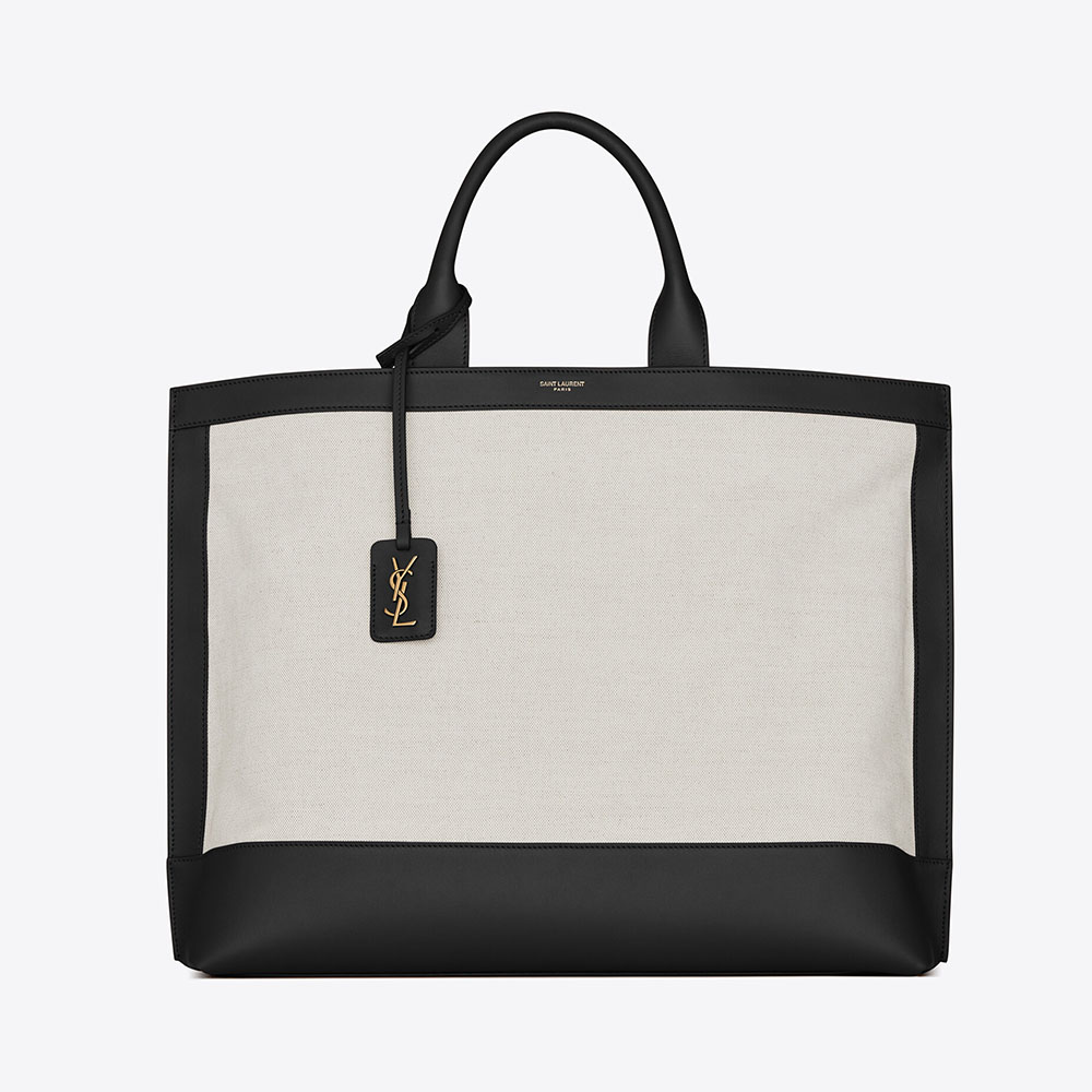 Front view of Saint Laurent YSL Women Shopping Tag black canvas handbag