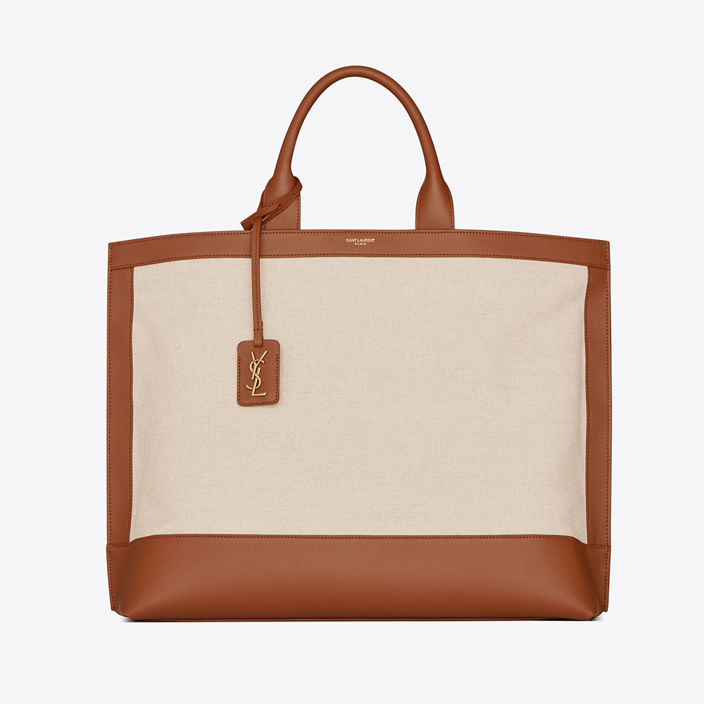 Front view of Saint Laurent YSL Women Shopping Tag in brown canvas leather