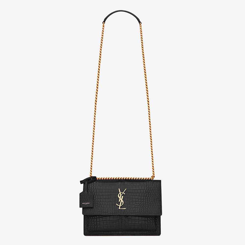Front view of Saint Laurent YSL Women Sunset Medium bag in black crocodile-embossed leather