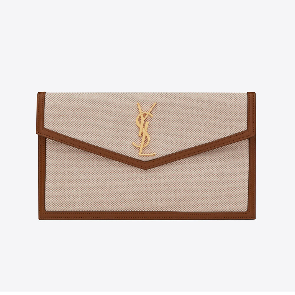 Front view of Saint Laurent YSL Women Uptown Pouch brown canvas and leather