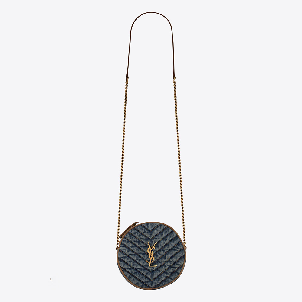 Front view of Saint Laurent YSL Women Vinyle Round Camera Bag in blue denim