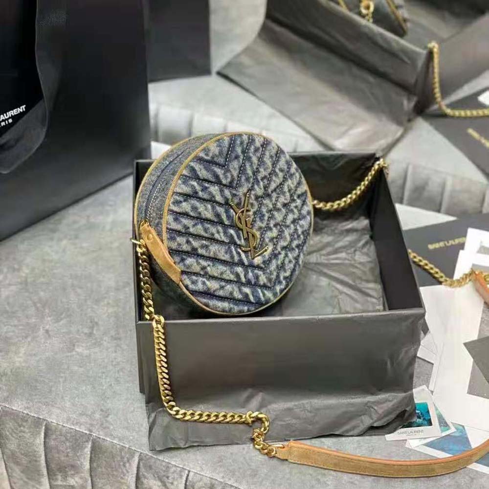 Saint Laurent YSL Women Vinyle Round Camera Bag in Chevron-Quilted Denim and Suede - image 4