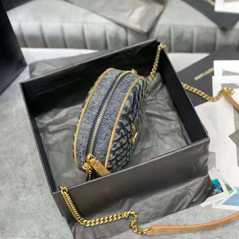 Saint Laurent YSL Women Vinyle Round Camera Bag in Chevron-Quilted Denim and Suede - image 7