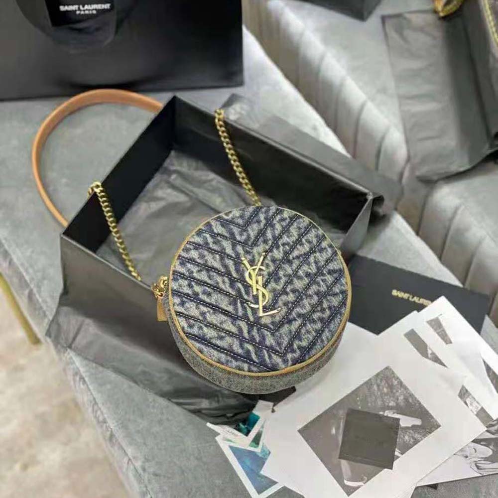 Saint Laurent YSL Women Vinyle Round Camera Bag in Chevron-Quilted Denim and Suede - image 5