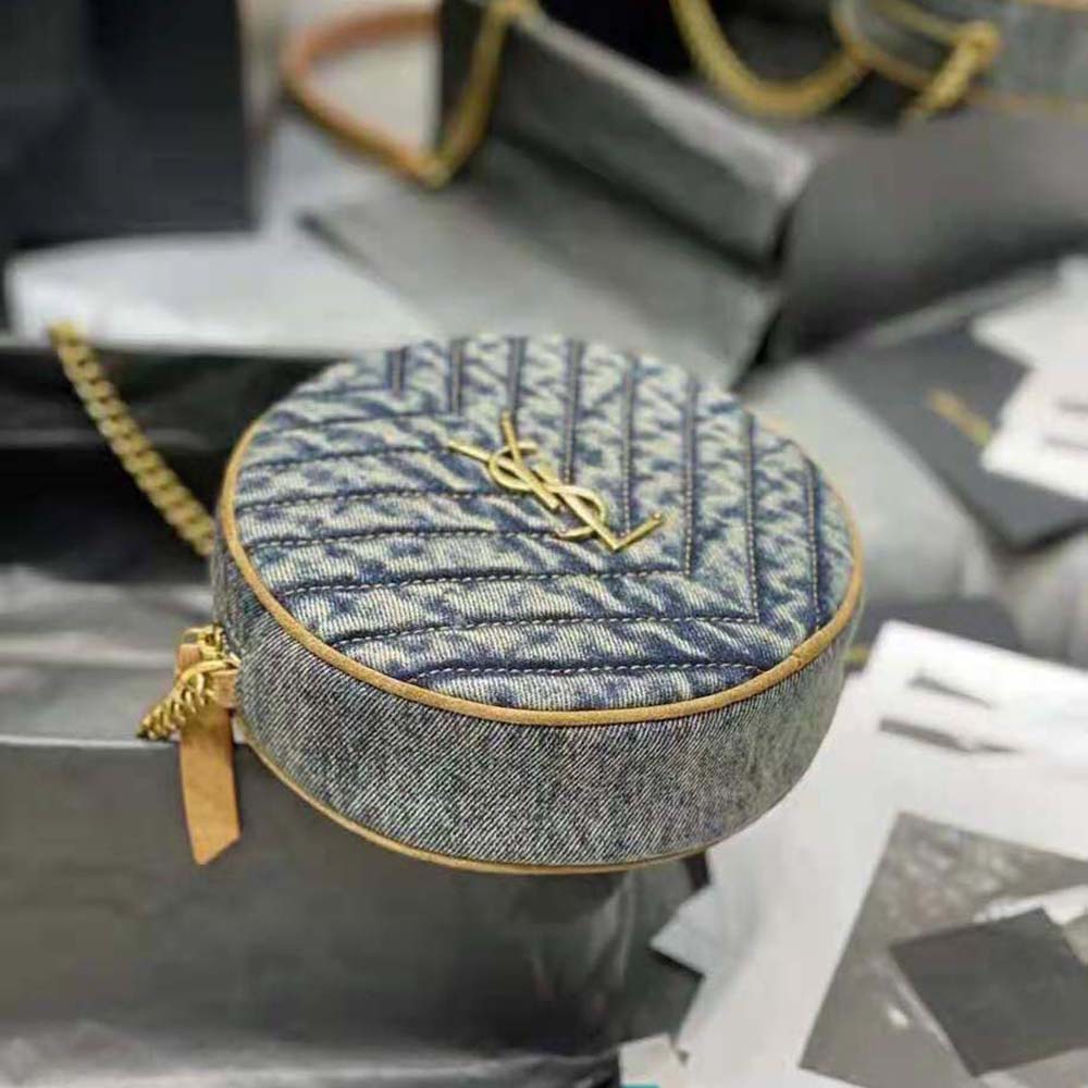Saint Laurent YSL Women Vinyle Round Camera Bag in Chevron-Quilted Denim and Suede - image 6