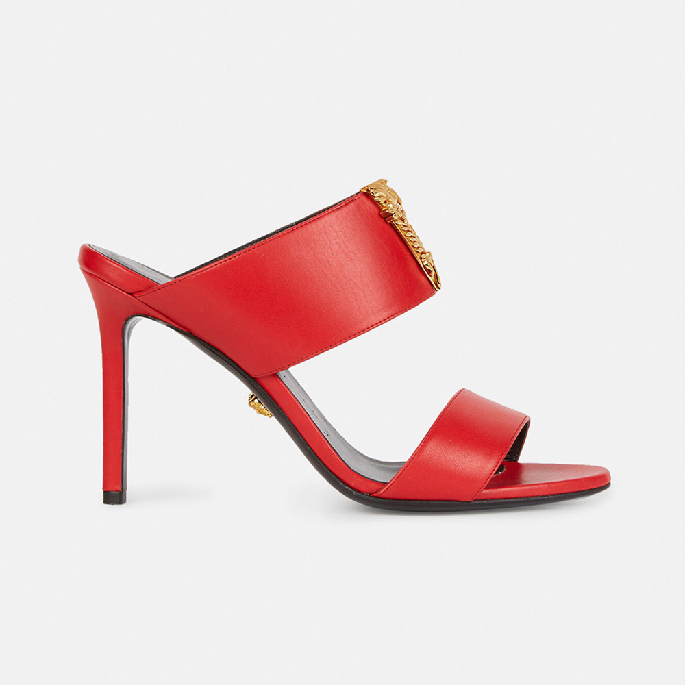 Front angle of Versace Women Virtus Mules in Calf Leather-Red
