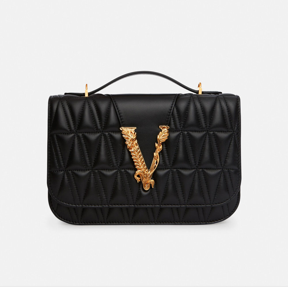 Front view of Versace Women Virtus Quilted Shoulder Bag-Black with Medusa clasp