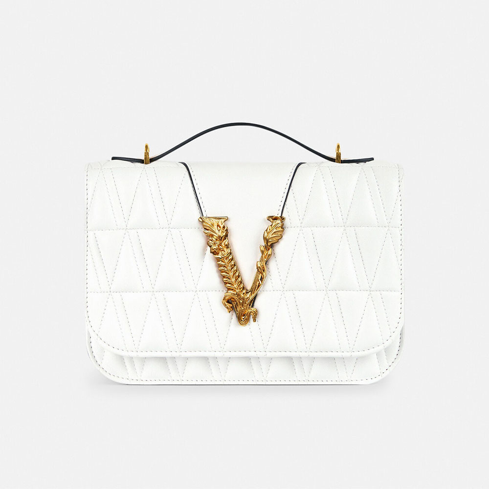 Front view of Versace Women Virtus Quilted Shoulder Bag-White showing quilted leather